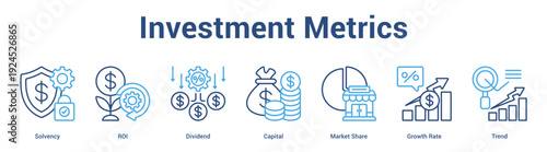 Investment Metrics web banner icon set vector illustration concept for business with icon of ROI, Dividend, Capital, Market Share, Growth Ra.