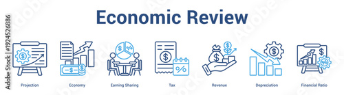 Economic Review web banner icon set vector illustration concept for business with icon of Economy, Earning Sharing, Tax, Revenue, Depreciation, Financ.