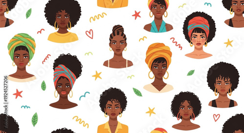 Seamless Pattern of Afro Women Portraits with Natural Hairstyles and Headwraps Flat Illustration for Women's Day