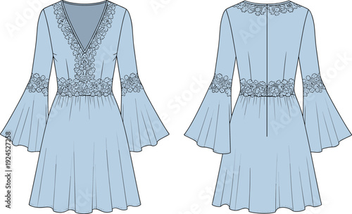 Light blue technical fashion flat sketch of a v-neck mini dress featuring floral lace trim, long flared bell sleeves, and high waist detail for apparel design.