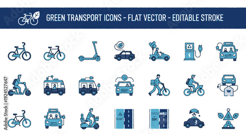Collection of eco friendly transportation icons including bicycles electric vehicles and public transport in blue flat design on white