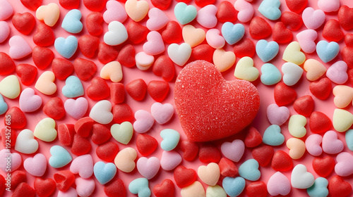 Frosted red candy heart with colorful sugar hearts for Valentine's Day celebration