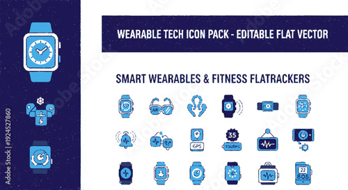 Collection of editable flat vector smartwatch and fitness tracker icons in blue on white background for wearable technology design