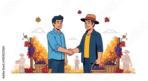 Two men shaking hands in a vineyard with baskets of grapes and fall foliage symbolizing partnership and harvest