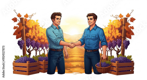Two men shaking hands in a vineyard at sunset with grape crates