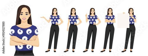 Young business woman with long hair in different poses, showing something or holding, pointing up and to the empty blank board set. Isolated vector illustration collection