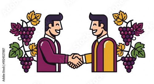Two businessmen shaking hands with grapevine and leaves in the background symbolizing partnership and agreement in the wine industry