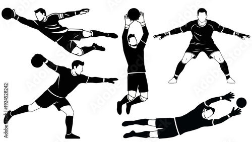 Dynamic vector illustration set of a soccer goalkeeper in various action poses, capturing essential athletic movements like diving, jumping, and catching the ball during a game