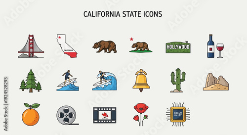 Vibrant collection of illustrated line icons capturing the essence of a famous west coast state, showcasing its diverse nature, cultural landmarks, and technological spirit