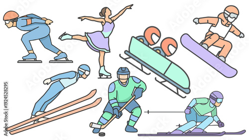 Collection of Winter Sports Icons Skiing, Snowboarding, Skating, Bobsled, and Hockey