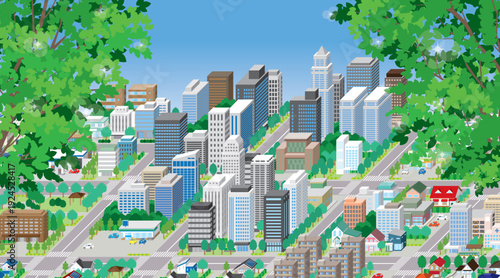新緑の街並み. アイソメ図で描いた都市.