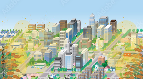 花粉が飛散する街並み. アイソメ図で描いた都市.