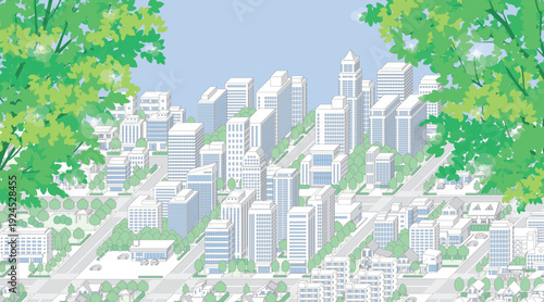 新緑の街並み. アイソメ図で描いた都市.