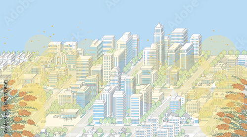 花粉が飛散する街並み. アイソメ図で描いた都市.