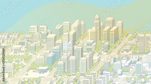 黄砂に覆われた霞んだ街並み. アイソメ図で描いた都市.