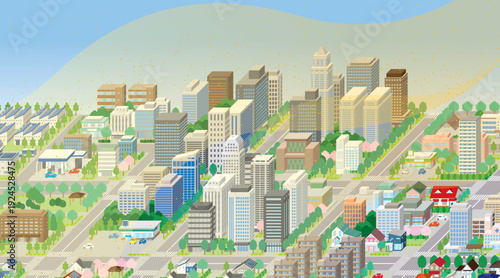 黄砂に覆われた霞んだ街並み. アイソメ図で描いた都市.