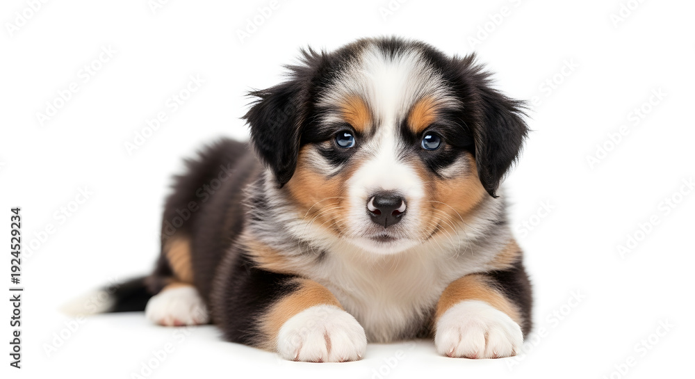 Fototapeta premium A cute Australian Shepherd puppy lies on a white surface looking directly at the camera.