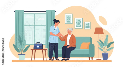 Home Care Nurse Assisting Senior Woman in Living Room – Elderly Support and Compassionate Healthcare Vector Illustration