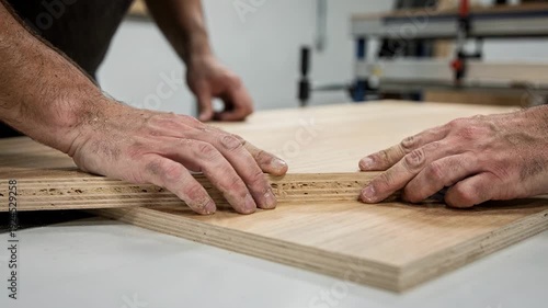 Medium shot of a threeply veneer core layup showing hands precisely aligning thin wood layers crosswise on a clean layup table before pressing.