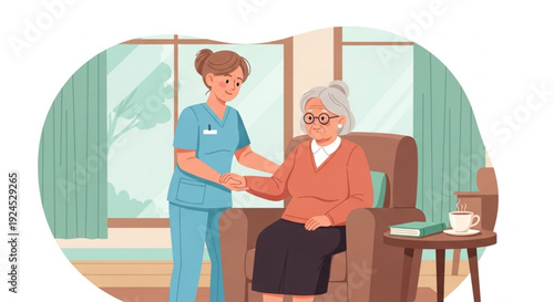 Professional Caregiver Holding Hands with Elderly Patient at Home – Senior Care and Medical Support Concept Vector