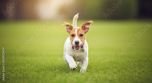 A playful dog runs through a lush green field on a sunny day
