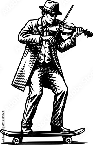 Engraved street performer: Fiddler serenades on a skateboard sta
