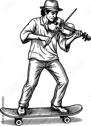 Engraved street performer: Fiddler serenades on a skateboard sta
