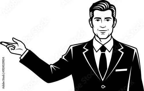 Monochrome Illustration of a man in a suit gesturing, isolated o
