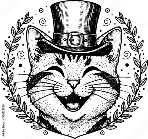 Delightful Engraving of Smiling Cat with Top Hat Surrounded by F
