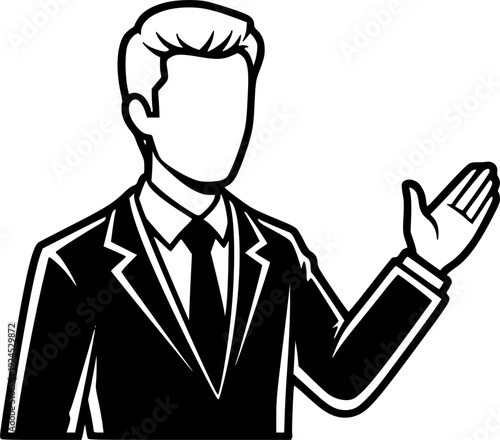 Monochrome Illustration of a man in a suit gesturing, isolated o
