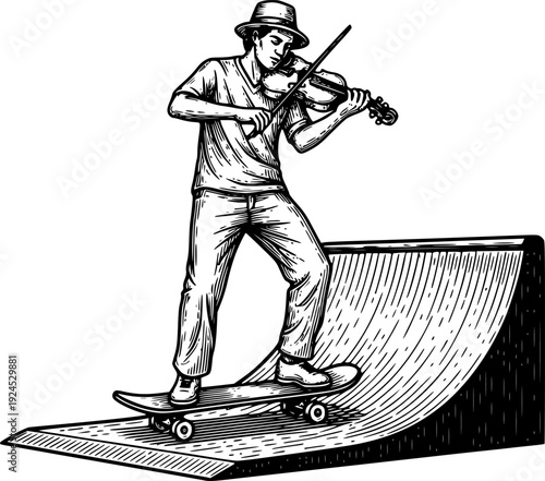 Engraved street performer: Fiddler serenades on a skateboard sta

