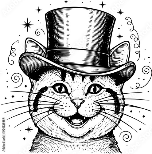 Delightful Engraving of Smiling Cat with Top Hat Surrounded by F
