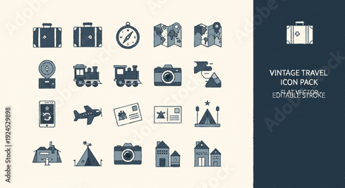 Vintage travel icon set with suitcase camera and landmarks in monochromatic blue on white and dark background
