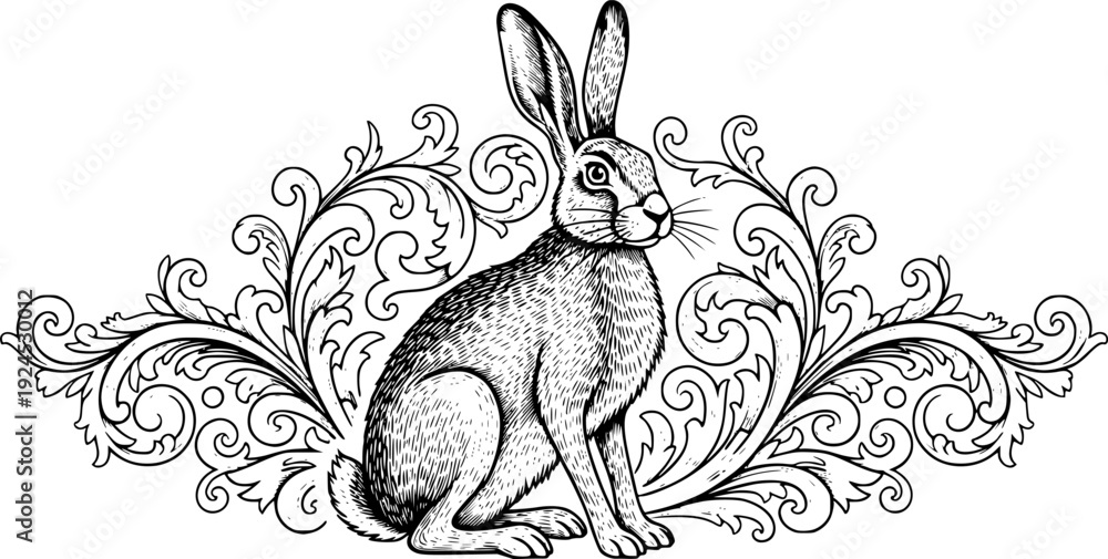 Obraz premium Intricate Vintage Engraving of a Sitting Hare Amidst Decorative 