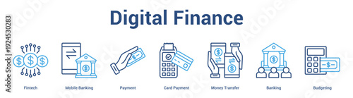 Digital Finance web banner icon set vector illustration concept for business with icon of Fintech, Mobile Banking, Payment, Card Payment, Money Transf.