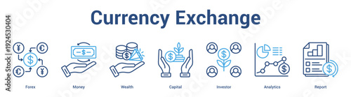 Currency Exchange web banner icon set vector illustration concept for business with icon of Forex, Money, Wealth, Capital, Invest.
