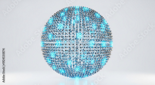 Glowing blue and black digital sphere with grid pattern on light gray background representing data visualization and technology