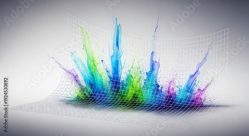 Vibrant multicolor paint splashes on white background with grid overlay abstract art design element