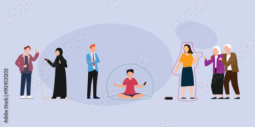 Diverse People with Personal Boundaries and Social Distancing 2d flat vector illustration