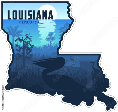 vector Louisiana sticker design with brown pelican and swamp wetland sea coast