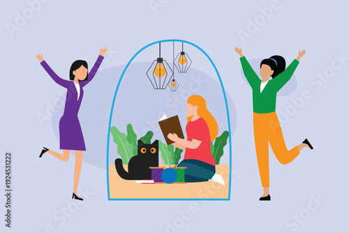 Introvert in Cozy Sanctuary: Conceptual Illustration of Personal Space, Solitude, and Social Energy Contrast 2d flat vector illustration