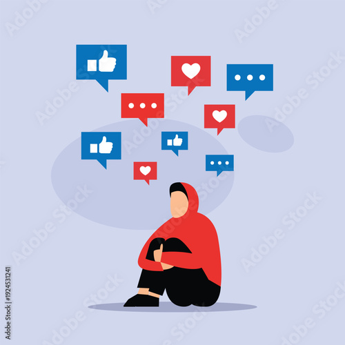 Social Media Overload Concept: Young Man Feeling Anxious and Overwhelmed by Digital Notifications and Likes 2d flat vector illustration