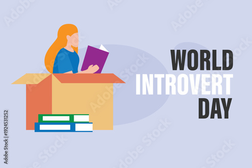 World Introvert Day Concept: Young Woman Reading a Book Inside a Cardboard Box for Privacy and Solitude 2d flat vector illustration