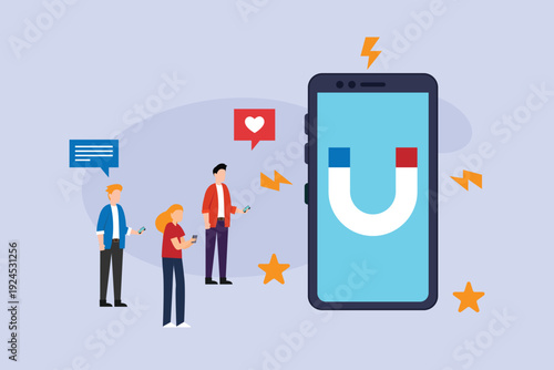 Social Media Addiction and Smartphone Attraction Concept: People Drawn to Large Mobile Phone with Magnet on Screen 2d flat vector illustration