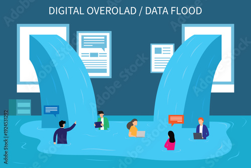 Digital Information Overload and Data Flood Concept with People Drowning in Streams of Online Content 2d flat vector illustration