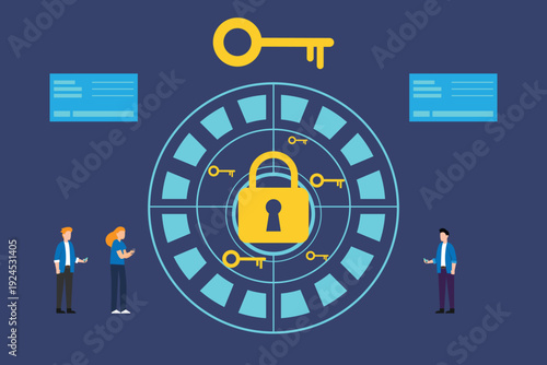 Cybersecurity and Digital Data Protection Concept with Padlock, Keys, and User Avatars on Circular Interface 2d flat vector illustration