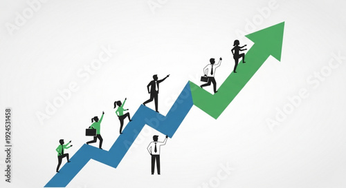 Business people climbing up arrows symbolizing growth and success in career advancement and financial prosperity