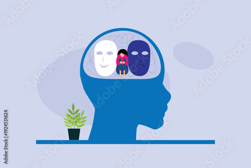 Mental Health Concept with Sad Woman and Mood Masks Inside Human Head Profile 2d flat vector illustration