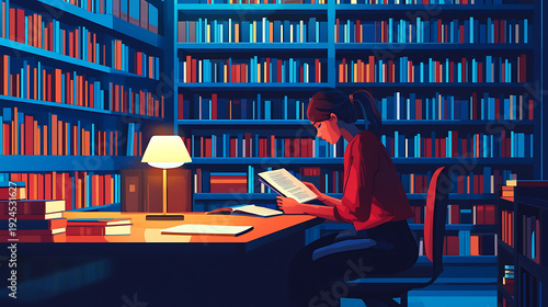 A woman is sitting at a desk in a library