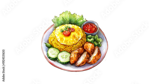 Watercolor Illustration of Nasi Kuning Indonesian Yellow Rice with Fried Chicken and Omelet